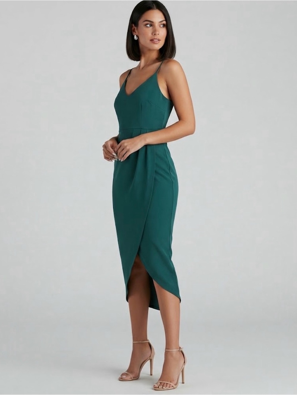 H&M Emerald Green Wrap-Front Spaghetti Strap Midi Dress